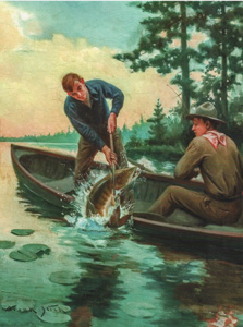 frank stick landing fish in canoe